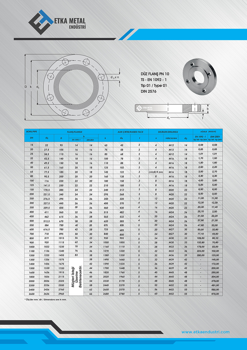 PN10 DÜZ FLANŞ ölçüleri